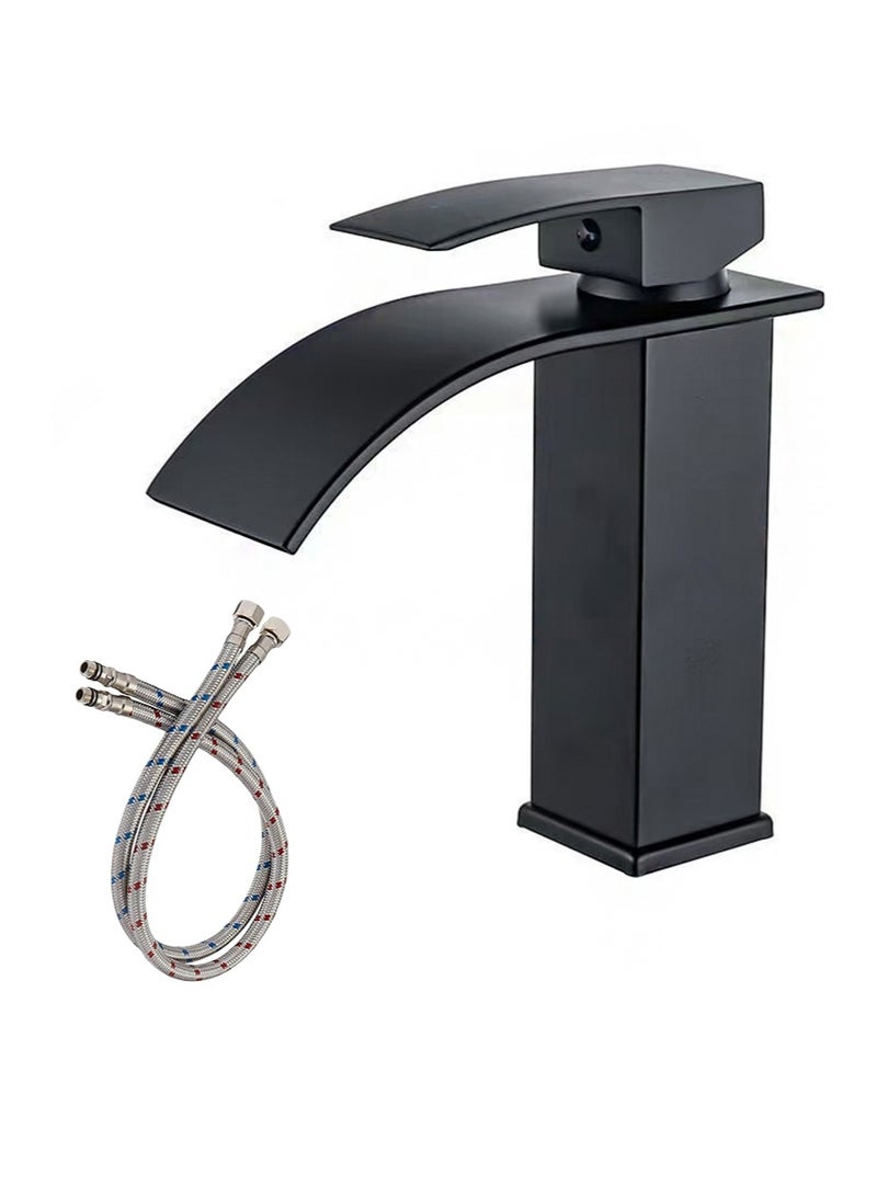 هالونهي صنابير حمام من الفولاذ المقاوم للصدأ، صنابير حوض حمام بتصميم شلال، صنابير خلط الماء الساخن والبارد، صنابير حوض حمام حديثة بفتحة واحدة مثبتة على سطح الطاولة (أسود) - Image 1